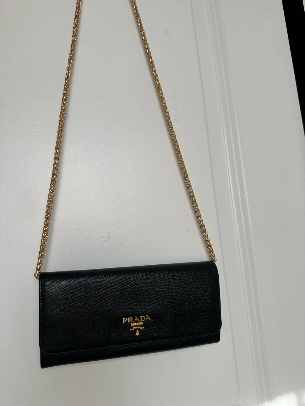 Authentic Prada Black Saffiano Leather Continental Wallet with Gold Logo